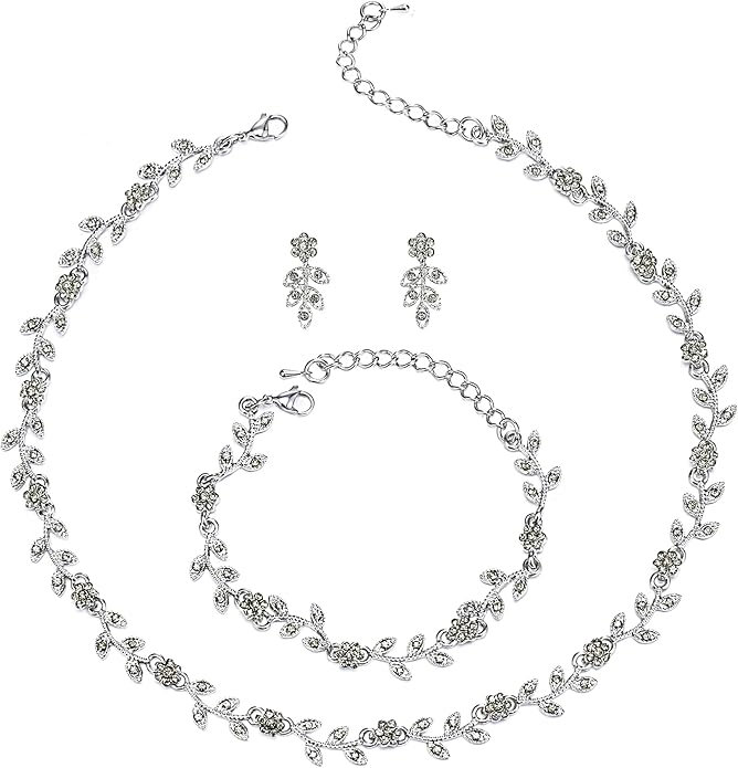 BriLove Wedding Jewelry Set for Women Bride, Gorgeous Stunning Crystal Flower Leaf Cluster Choker Necklace Link Bracelet Stud Earrings Bridal Bridesmaid