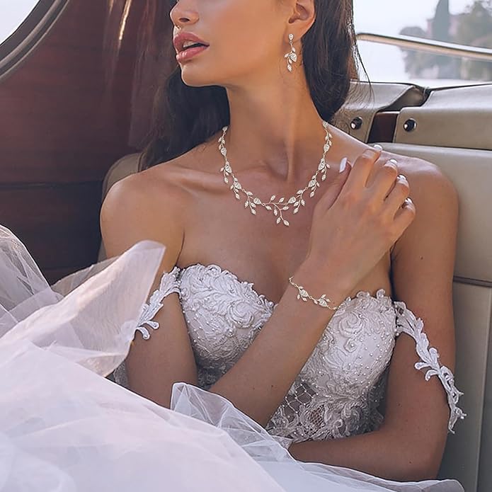EVER FAITH Wedding Jewelry for Bride Women Bridesmaid, Sparkly Cubic Zirconia Pear-Shaped Birthstone Leaf Necklace Earrings Set for Prom
