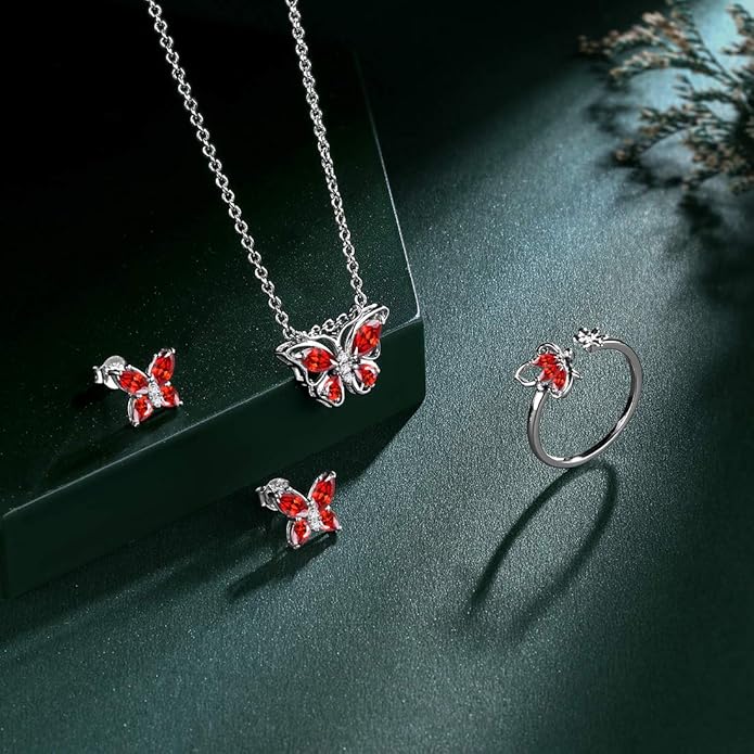 925 Sterling Silver Birthstone Butterfly Jewelry Women Crystal Animal Cute Butterflies Birthday Necklace/Earring/Ring/Bracelet Sets Birth Stone Statement Anniversary Jewellery