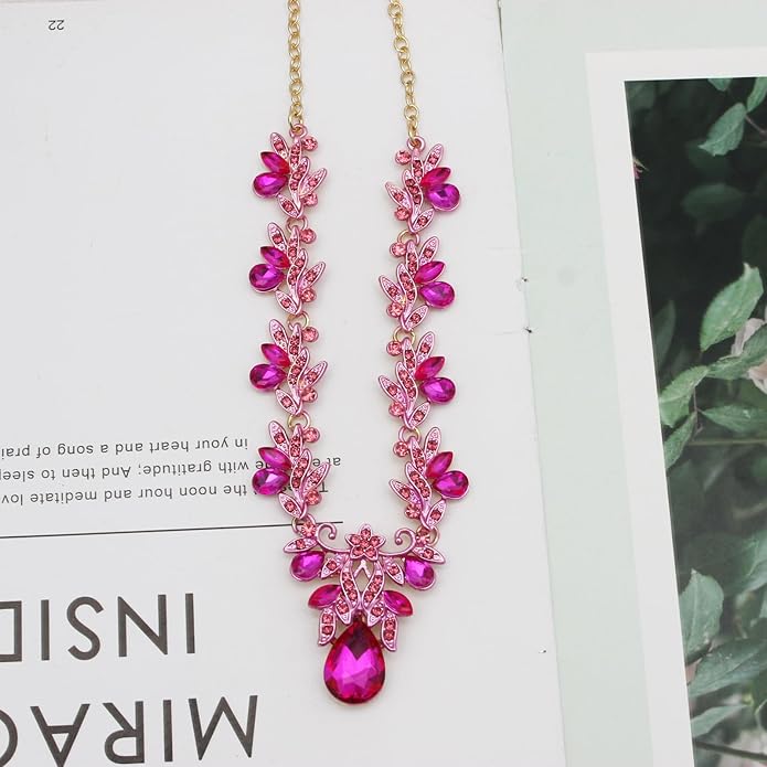 Wedding Leaf Flower Crystal Teardrop Pendant Necklace Dangle Earrings Stretch Bracelet Jewelry Set for Women Bridal Party Prom