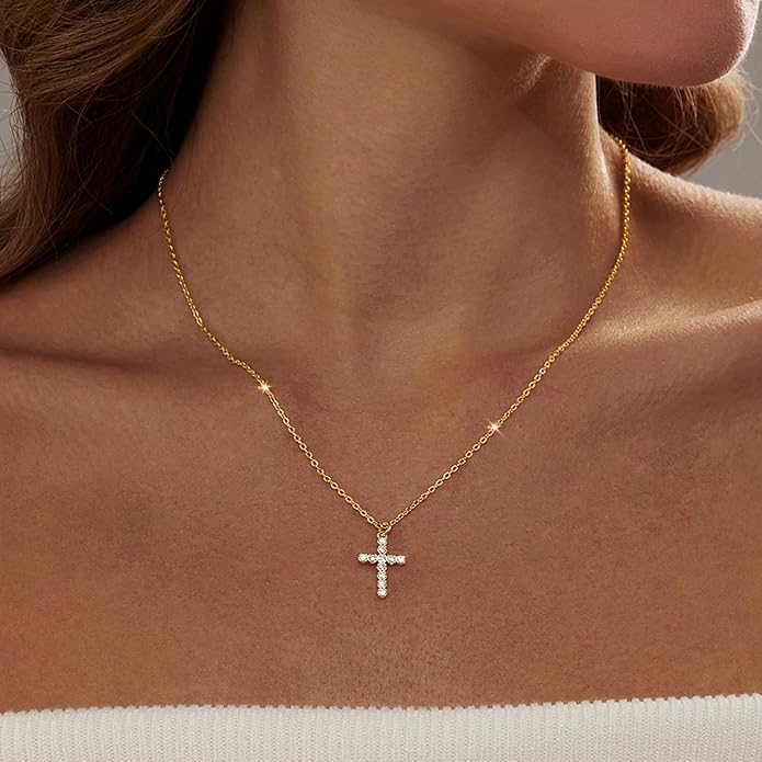 Zeffy Cross Necklace for Women,18K Gold/Silver Plated Tiny Cubic Zirconia Cross Pendant Necklace for Women Simple Layered Cross Necklaces for Women