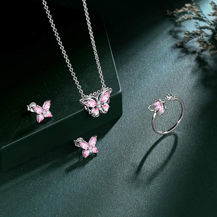 925 Sterling Silver Birthstone Butterfly Jewelry Women Crystal Animal Cute Butterflies Birthday Necklace/Earring/Ring/Bracelet Sets Birth Stone Statement Anniversary Jewellery