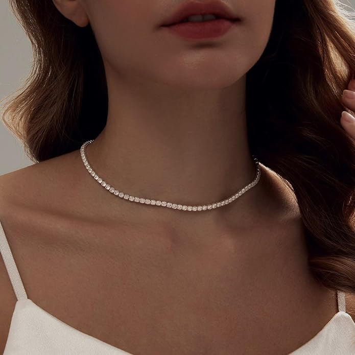 Tennis Necklace Bracelet for Women, Dainty Sterling Sliver Choker Necklace Crystal Link Bracelet Stud Earrings for Women Wedding Jewelry for Bride Jewelry Set Accessories