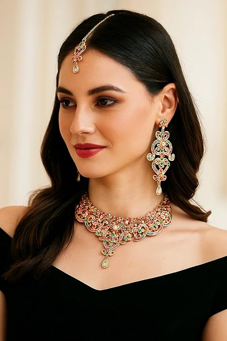 Touchstone Indian jewelry set for women bollywood gold jewellery wedding outfits necklace sets earrings bridal maang tikka fancy costume girls big desi accessories rhinestone in gold or silver tone