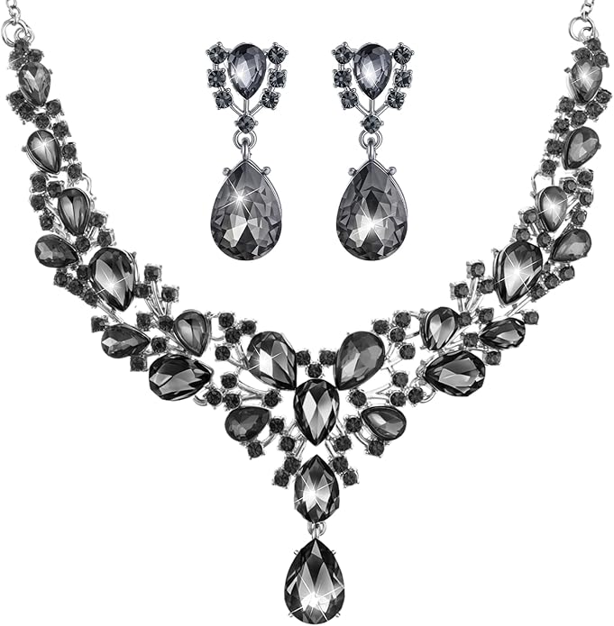 Hicarer Bridal Teardrop Cluster Crystal Jewelry Set for Women Necklace Earrings Wedding
