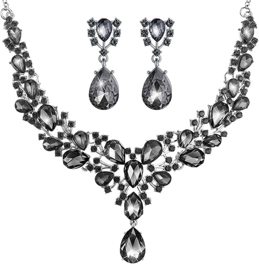 Hicarer Bridal Teardrop Cluster Crystal Jewelry Set for Women Necklace Earrings Wedding