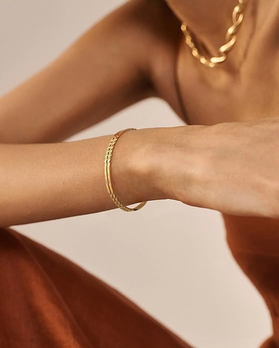 PERNNLA PEARL Dainty Gold Bar Bracelet for Women Simple Delicate Thin Cuff Bangle Hook Bracelet 18K Gold Plated Handmade Minimalist Jewelry