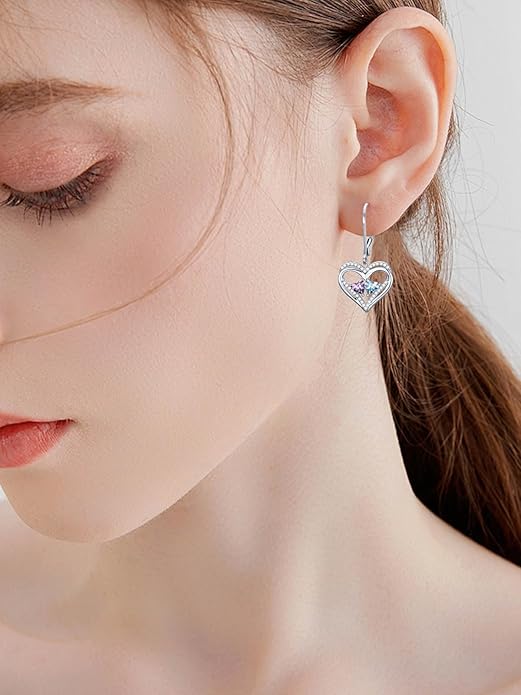 Valentines Day Gifts for Women, Heart Leverback Earrings Double Birthstone Dangle Earrings for Women, Love Jewelry for Her, Anniversary Birthday Gift for Mom Wife Girlfriend