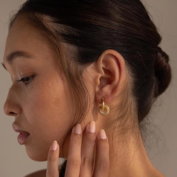 CAITLYNMINIMALIST 18K Gold Sterling Silver Double Link Drop Pave Duo Hoop Huggie Earrings Bold Jewelry for Women