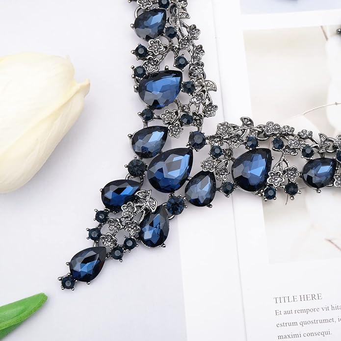 CSY Elegant Crystal Costume Jewelry Sets Flower Bridal Necklace Earrings Stretch Bangle Set for Bride Bridesmaid Wedding Dress Accessories
