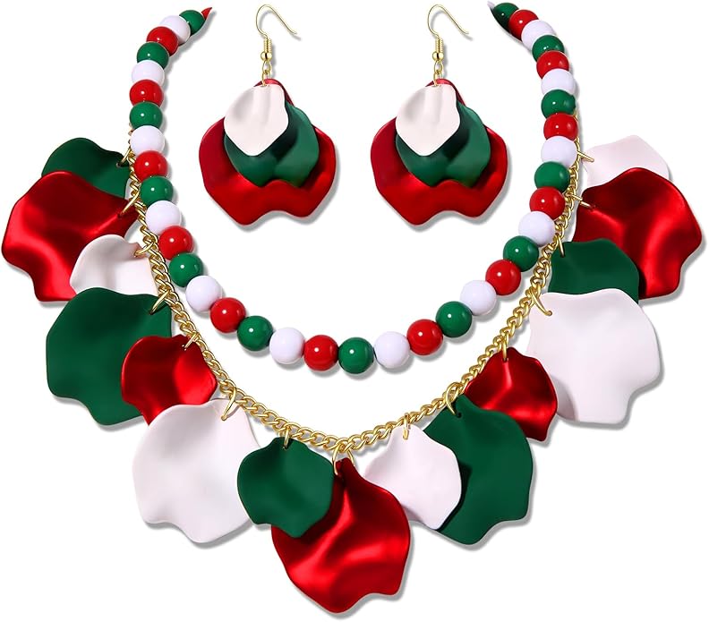 Flower Petal Necklace Earrings Set Layered Statement Beaded Jewelry Set for Women Summer Necklace Earrings
