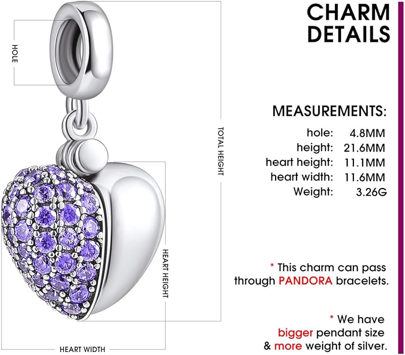 NINGAN “I Love You” Dangle Charm Love Heart Pendant Bead for Women Wife Girlfriend with 5A Cubic Zirconia for Charm Bracelets 925 Sterling Silver