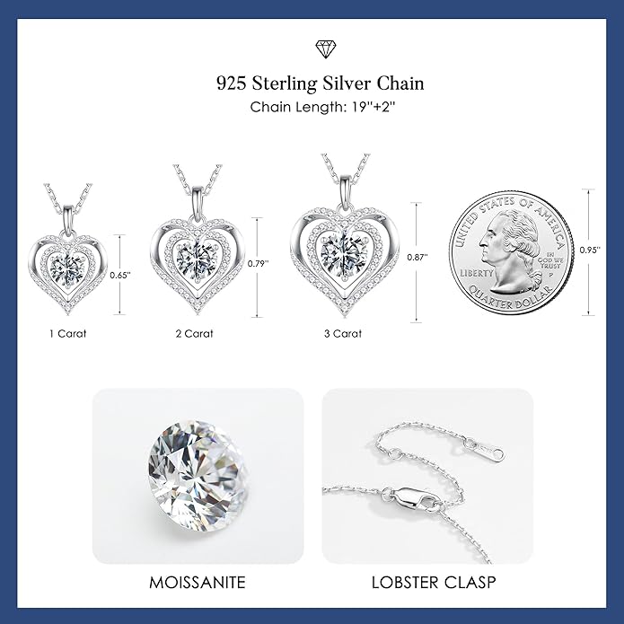 MOOSEA Valentines Day Gifts for Her - 925 Sterling Silver Double Heart Moissanite Necklace, 1-3 Carat VVS1 Clarity Lab Created Moissanite Anniversary Birthday Gift for Women Wife Girlfriend Mom