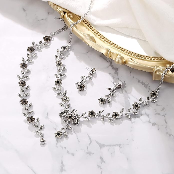 BriLove Women's Wedding Jewelry Leaf Cluster Flower Crystal Dangle Earrings Pendant Necklace Set for Bridal