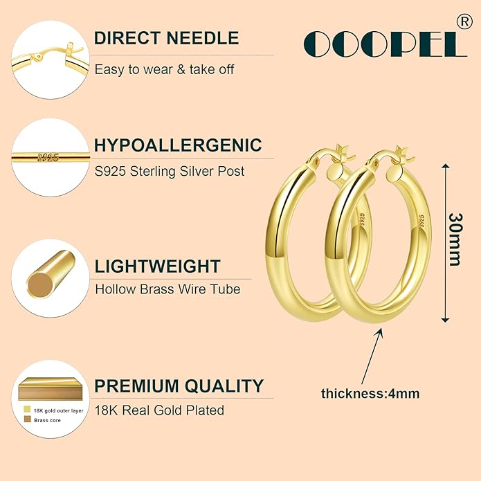 4mm Thick Gold Chunky Earrings Steling Silver Post Hoops Earrings For Women Hollow Tube Hoops Earrings Thick Gold Hoop Earrings Hypoallergenic Lightweight Gold Hoop Large Earrings 20/30/40/50/60MM