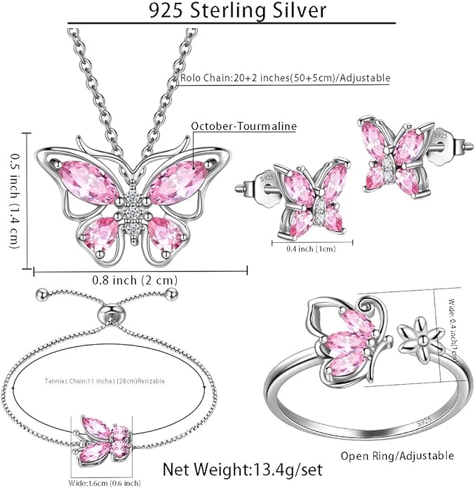 925 Sterling Silver Birthstone Butterfly Jewelry Women Crystal Animal Cute Butterflies Birthday Necklace/Earring/Ring/Bracelet Sets Birth Stone Statement Anniversary Jewellery