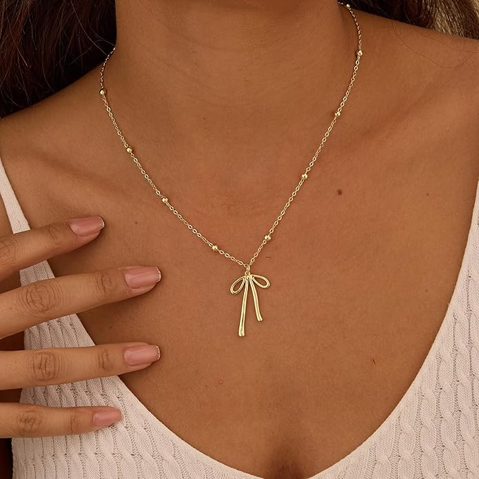 Valentines Day Gifts for Her - Dainty Bow Necklace for Women 14K Gold Plated Cute Choker Small Pendant Charm Necklaces Teen Gift Trendy Stuff Personalized Jewelry
