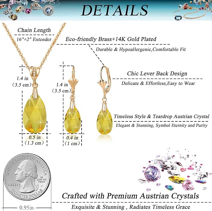 EVEVIC Austrian Crystals Teardrop Pendant Necklace Earrings for Women 14K Gold Plated Hypoallergenic Leverback Drop Dangle Earrings Jewelry Set