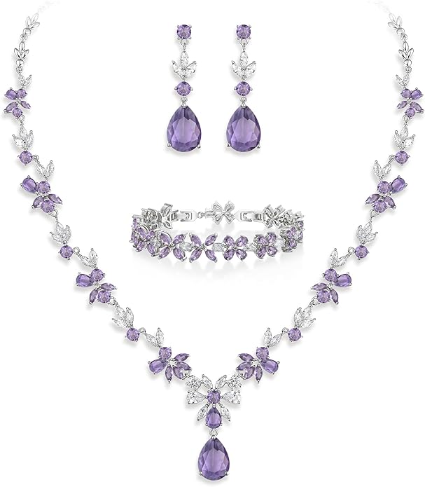 Crysdue Wedding Jewelry Set for Women, Floral Leaf Vine Teardrop Necklace Dangle Earrings Bracelet and Hair Comb, Cubic Zirconia Elegant Party Prom Jewellery for Bridal Bridesmaid