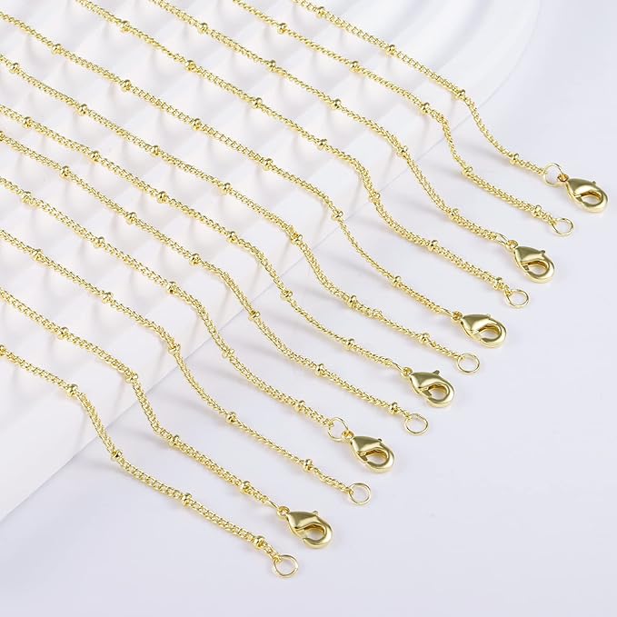 Wholesale 12PCS Gold Plated Solid Brass Satellite Beaded Ball Curb Thin Chain Necklace Bulk for Jewelry Making (16 Inch(1.5mm))
