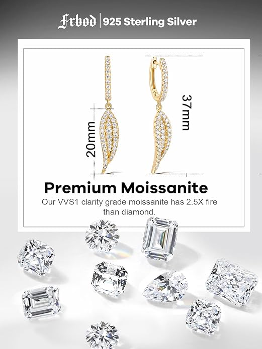 Color-D VVS1 Clarity Moissanite Leaf Angel Wings Dangle Earrings, Solid 925 Sterling Silver with Gold/White Gold Plated, Christmas Birthday Mother's Day Anniversary Earrings for Her