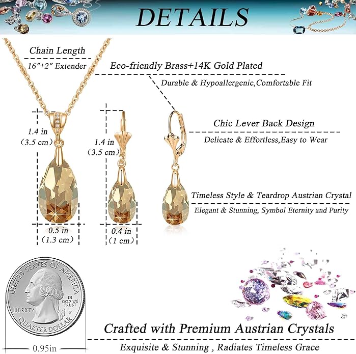 EVEVIC Austrian Crystals Teardrop Pendant Necklace Earrings for Women 14K Gold Plated Hypoallergenic Leverback Drop Dangle Earrings Jewelry Set