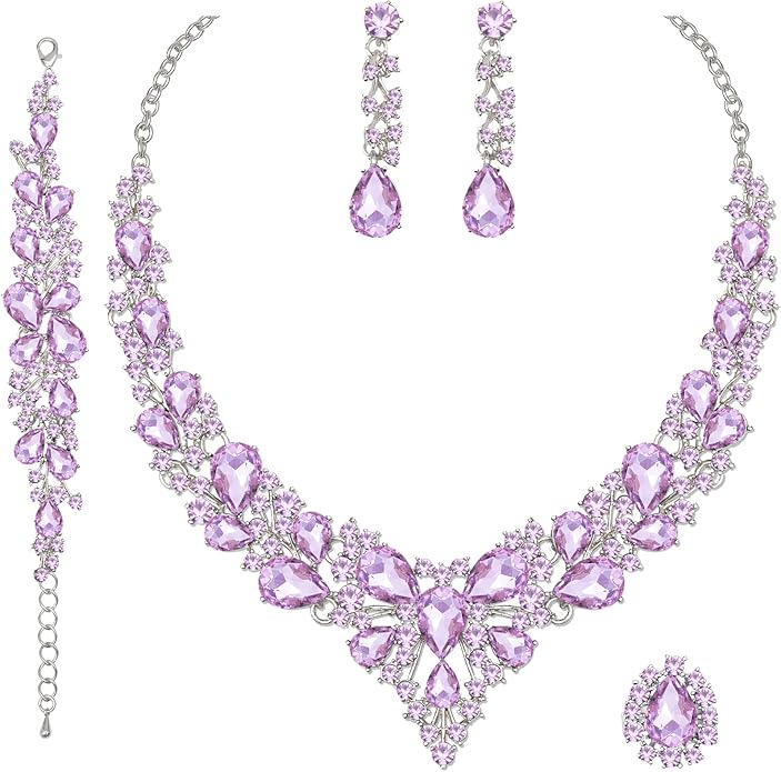 CSY 4 Pcs/Set Austrian Crystal Necklace Earrings Bracelet Ring Bridal Jewelry Sets for Brides Wedding Party Costume Accessories Gifts for Women