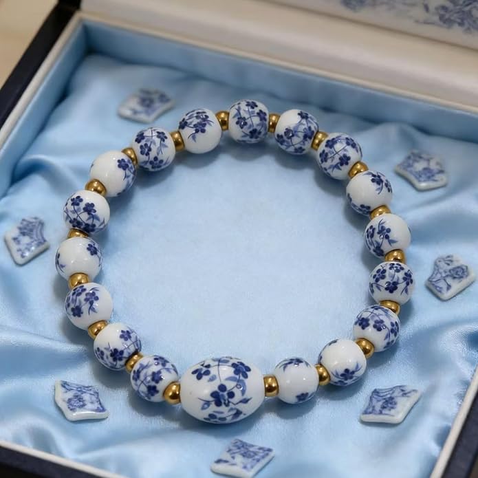 Butterfly Charm Bracelet Set - Blue and White Porcelain Beaded, Adjustable Vintage Stretch Bracelets for Women, Handmade Dainty Jewelry Gift