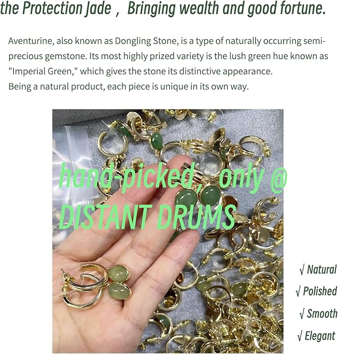 DISTANT DRUMS Simple Natural Green Aventurine Stone Jewelry Set for Women,Hoop Earrings,Bracelet,Necklace,18K Gold-plated Spiritual Gift,Fortunate Stone Jewelry,Choker