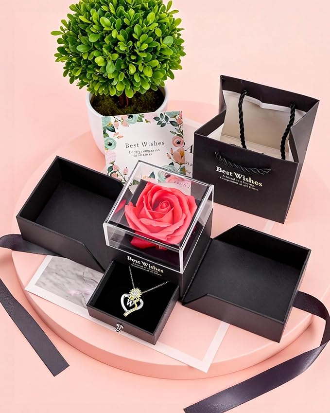 Birthday Gifts for Women Preserved Real Rose with Sunflower Initial Necklace - Birthday Gifts for Women Her Mom Wife on Valentines Mothers Day Christmas Anniversary Romantic with Pendant W