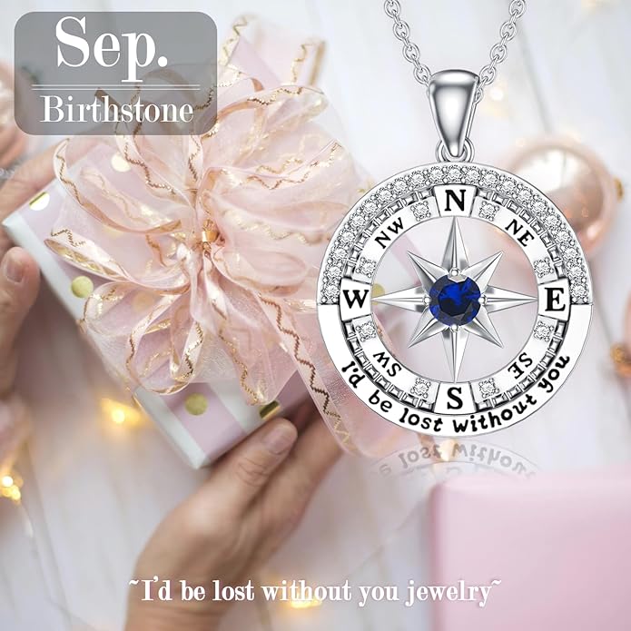 Compass Birthstone Necklace Gift for 2025 Graduation 925 Sterling Silver Compass ‘I'd be Lost Without You’ Pendant Necklaces Jewelry for Women Her Wife Gift for Birthday Anniversary