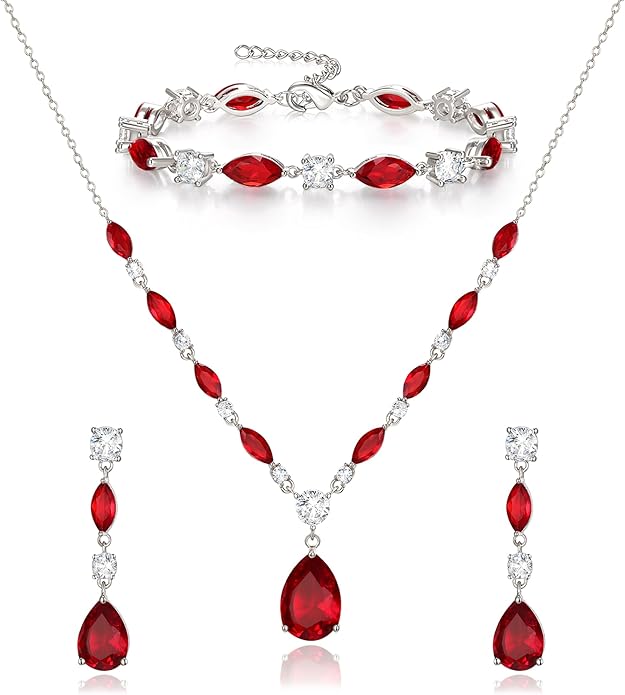 Crysdue Teardrop Bridal Jewelry Set for Wedding Party, Silver/14K/Rose Gold Plated Prom Costume Jewellery for Bride Bridesmaids Women, Cubic Zirconia Necklace Dangle Earrings Bracelet