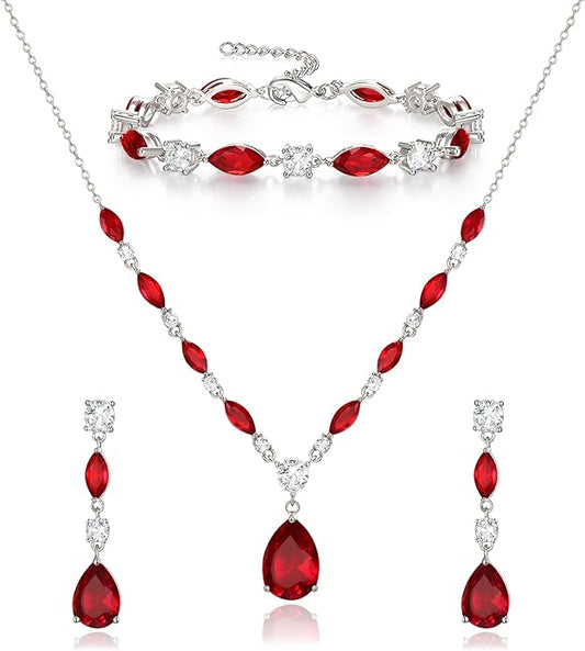 Crysdue Teardrop Bridal Jewelry Set for Wedding Party, Silver/14K/Rose Gold Plated Prom Costume Jewellery for Bride Bridesmaids Women, Cubic Zirconia Necklace Dangle Earrings Bracelet