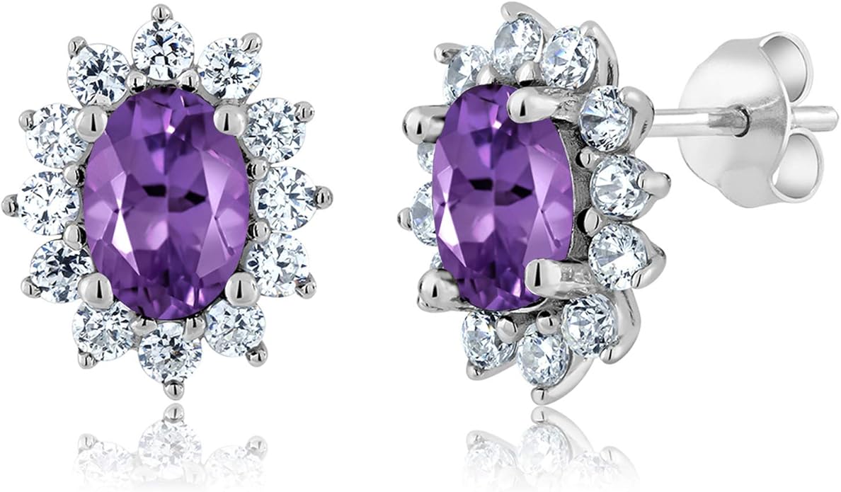 Gem Stone King 7X5MM Oval Gemstone Birthstone Stud Earrings For Women | Princess Diana Royal Halo Style | 925 Sterling Silver | Fine Jewelry Gifts for Anniversary Wedding Her Mom Women Wife