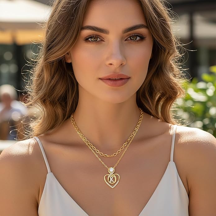 Heart Letter Necklaces for Women 14K Gold Plated Cubic Zirconia Heart Initial Layered Necklace Infinity Pendant Necklace Letter Initial Jewelry for Women