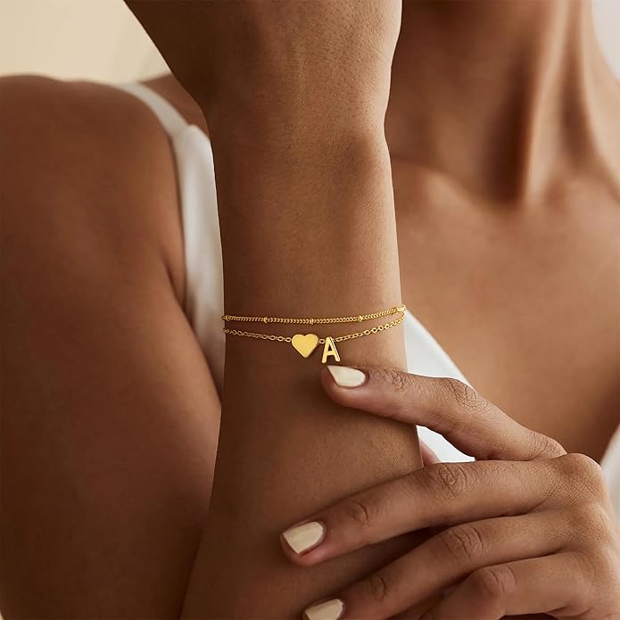 M MOOHAM Valentines Day Gifts for Kids Teen Girls -14K-Gold-Plated Heart Initial A-Z Bracelets for Women Girl Dainty Gold Bracelets Birthday Valentines Gifts for Women Her Teenage Girls Kid Teen Gift