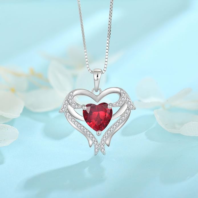 FJ Heart Angel Wings Pendant Necklace 925 Sterling Silver Birthstone Jewelry Gifts for Women