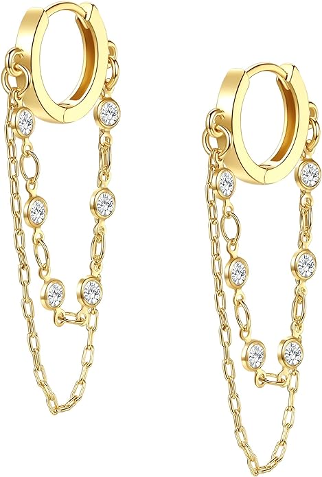 Tassel Chain Small Gold Hoop Dangle Earring For Women Huggie Earring Heart Star CZ 14K Gold Plated Fashion Jewelry Friendship Gift