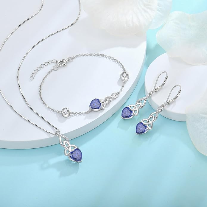 Infinity Celtic Knot Jewelry Set for Women 925 Sterling Silver Irish Necklace Tanzanite Dangle Drop Leverback Earrings and Bracelet December Birthstone Jewelry Gifts for Her