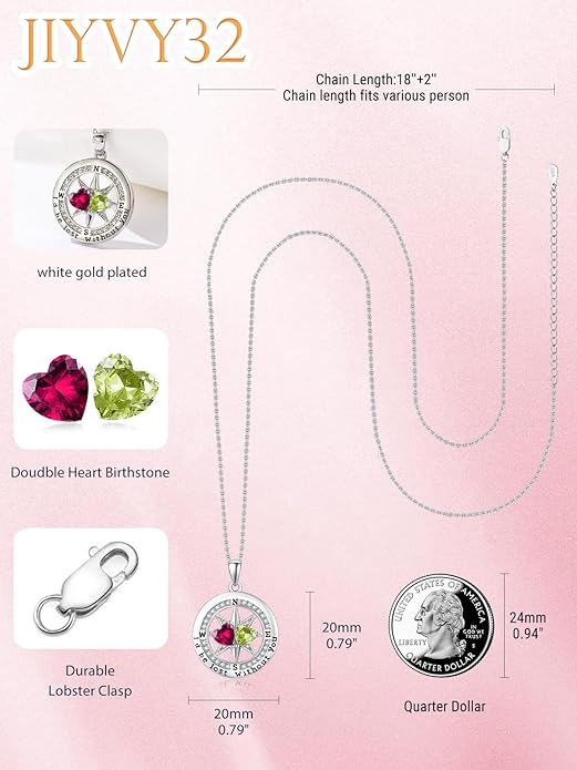 Compass Necklace for Women, Exquisite S925 Valentines Day Anniversary Birthday Gifts for Wife Her Double Birthstone Pendant Jewelry ‘I'd be Lost Without You’
