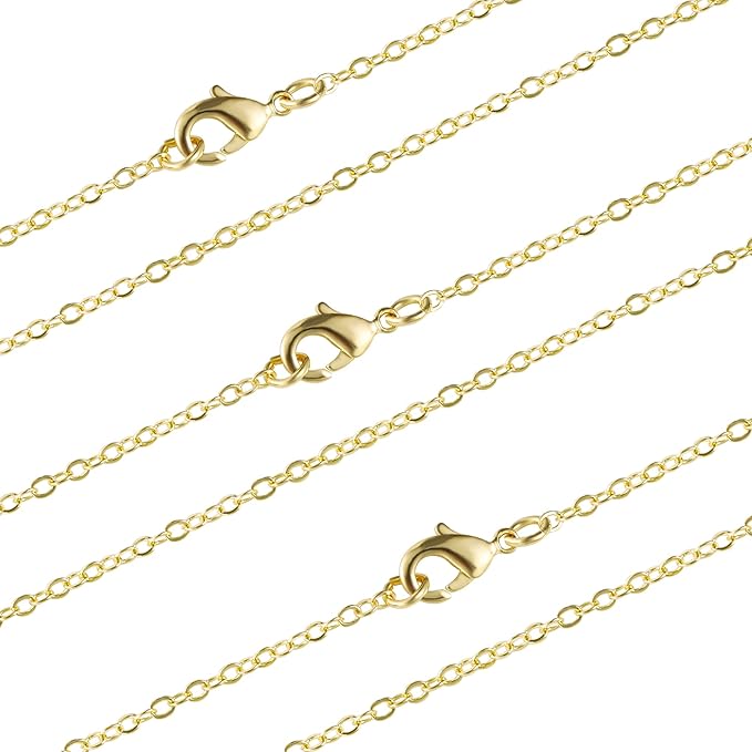 Wholesale 12 PCS Gold Plated Solid Brass Flat Cable Chain Finished Necklace Chains Bulk for Jewelry Making (26 Inch(2 MM))