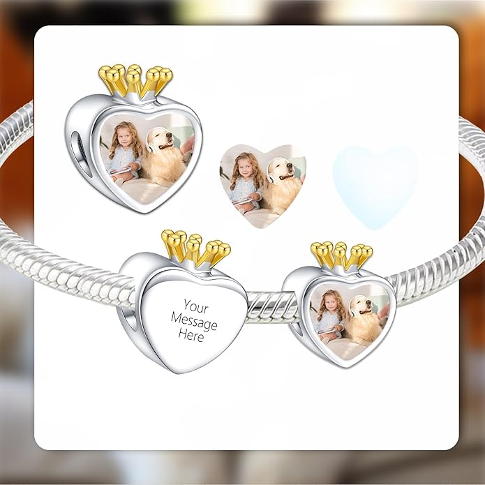 Annmors Personalized Photo Charm for Bracelet Necklaces,925 Sterling Silver Charm Love Heart Shaped Engraved Customize Picture Gift for Birthday Mother's Day Christmas,Bead Charms Jewelry for Women