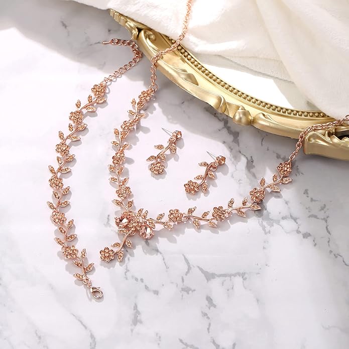 BriLove Women's Wedding Jewelry Leaf Cluster Flower Crystal Dangle Earrings Pendant Necklace Set for Bridal