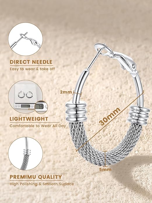 KeyStyle Mesh Hoop Earrings for Women, Stainless Steel Gold Hoops Earring Lightweight Loops, 2MM Thick Hypoallergenic Circle Endless Hollow Hoop 20mm-80mm
