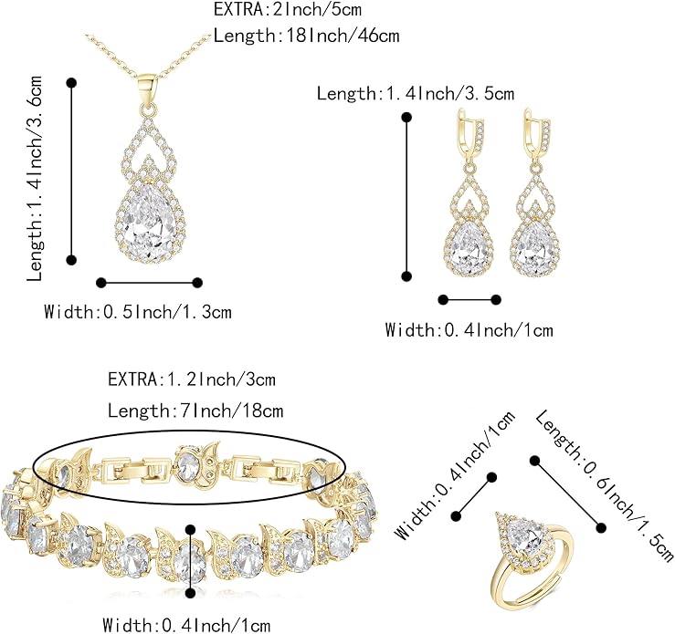 BriLove Wedding Jewelry Set for Women Bride Bridesmaid, Gorgeous Cubic Zirconia Teardrop Necklace Earrings Bracelet Adjustable Ring Jewelry Gift for Birthday/Anniversary/Mother’s Day