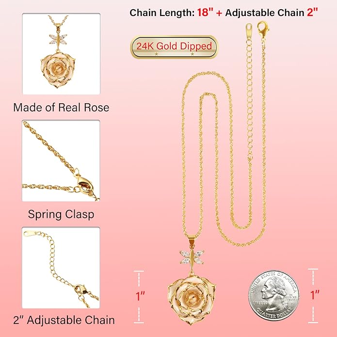 AliveRose Real Rose Gold Dipped Necklace Gifts for Women, 24K Gold Dipped Rose Pendant Necklace Jewelry Mothers Day Anniversaries Birthday Christmas Special Occasions Gifts for Her Mom Wife
