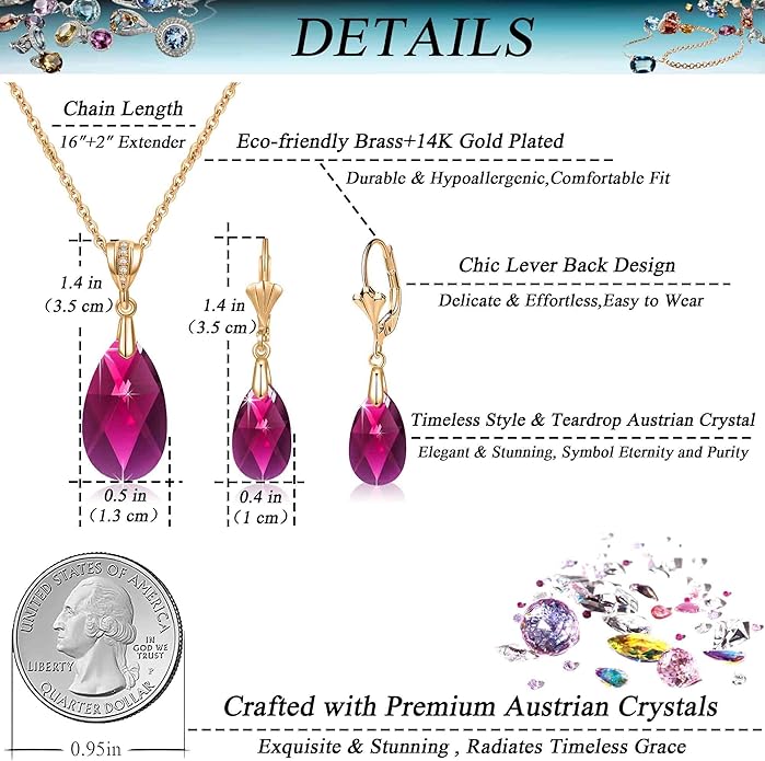 EVEVIC Austrian Crystals Teardrop Pendant Necklace Earrings for Women 14K Gold Plated Hypoallergenic Leverback Drop Dangle Earrings Jewelry Set