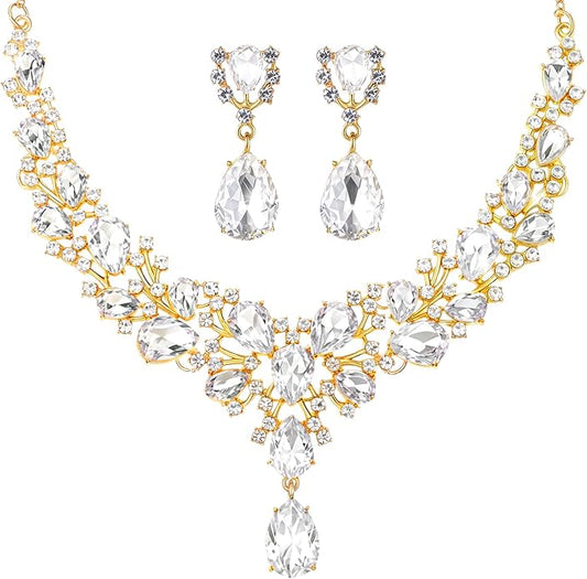 Hicarer Bridal Teardrop Cluster Crystal Jewelry Set for Women Necklace Earrings Wedding