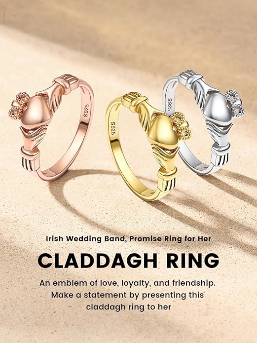 Bestyle 925 Sterling Silver Ring for Women, Minimalist Claddagh Ring Celtic Knot Ring for Women, Irish Promise Wedding Band, Gold/Rose Gold Vermeil Women Band Ring, Stackable, Gift for Her