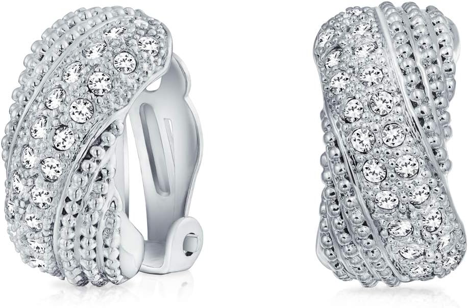 Fashion Bridal Wedding 3 Row Pave Crystal Dome Endless Hinged Huggie Hoop Clip On Earrings For Women Non Pierced Ears Yellow Gold Silver Plated